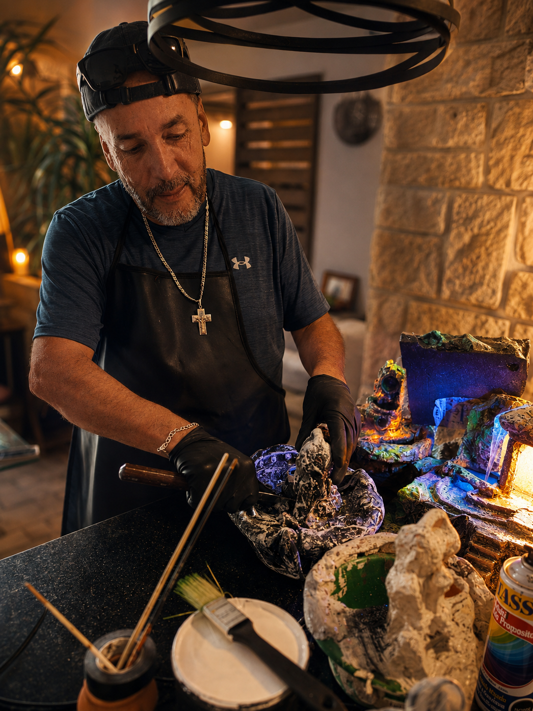 Celso Rojas, artesano, terminando a mano una de las cascadas decorativas en su taller