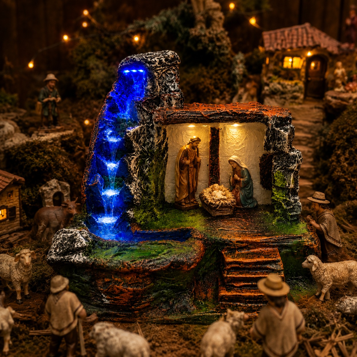 Cascada decorativa con luces LED azules instalada dentro de un pesebre completo, de noche